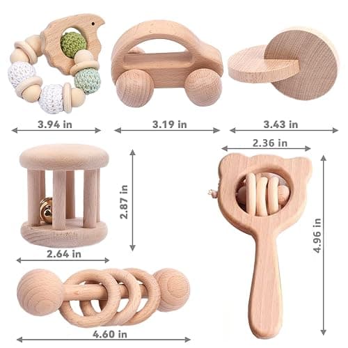 6 Pieces Toy Set- Wooden Baby Toys for Babies 0-6 Months,Wooden Toys for Babies Rattles with Bells,Wooden Rattles Push Car,Wood Rattle Toys Gifts for Boys Girls,Montessori Toys for Babies 0-6 Months thumbnail 2