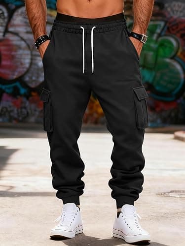 TRFIC Mens Fleece Cargo Sweatpants Heavyweight Elastic Waist Pants with Pockets Baggy Drawstring Jogger Pants thumbnail 3