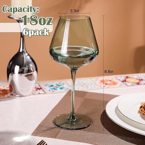 CLUSIVC Green Wine Glass Set of 6-18oz Lead-Free Crystal Burgundy Wine Glasses, Glassware for Parties& Special Occasions thumbnail 2