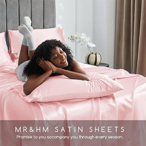MR&HM Satin Bed Sheets, Full Size Sheets Set, 4 Pcs Silky Bedding Set with 15 Inches Deep Pocket for Mattress (Full, Light Pink) thumbnail 7
