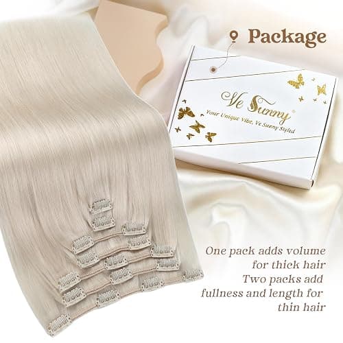 Ve Sunny Clip in Human Hair Extensions Platinum Blonde Clip in Hair Extensions Real Human Hair Clip on Extensions Human Hair Daily Use 120g 7pcs 16inch thumbnail 4