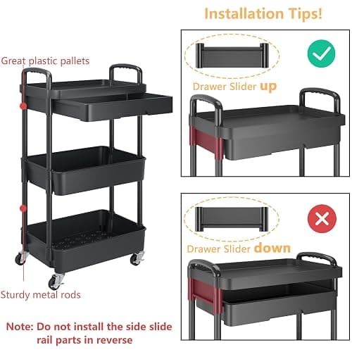 Calmootey 3-Tier Utility Cart with Drawer & Wheels, Storage for Home,Office | Space-Saving Organizer, Sturdy Plastic Shelves, Smooth-Rolling Metal Wheels, Built-in Drawer for Small Items, Black thumbnail 6