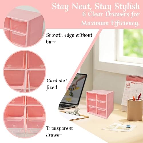 Small Mini Drawer Organizer for Desk, 6 Drawers, 4.7" x 4.7" x 3.8" Pink | Small Desktop Organizer with drawers, Teacher Toolbox, Plastic Storage Box for Office, Classroom, Craft and Home Organization thumbnail 3