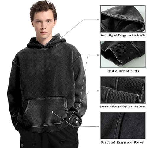 Dnzzs Men's Oversized Acid Wash Hoodies Heavyweight Cotton Fleece Sweatshirt Loose Fit Fall Winter Casual Streetwear Pullover thumbnail 2