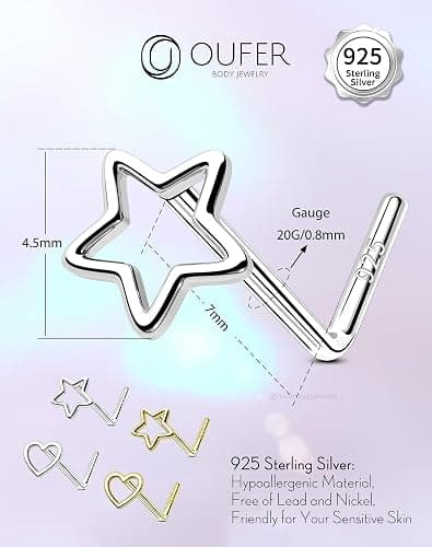OUFER 925 Sterling Silver Nose Rings, Nose Studs For Women, Cute Nose Nostril Piercing Jewelry, L-Shaped 20G Silver Nose Rings Studs thumbnail 4