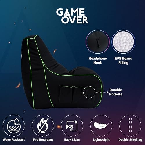Game Over Chaise Pouf de Jeux Vidéos | Salle de Séjour Intérieure Fauteuil Gamer | Poches Latérales pour Les Manettes | Support de Casque | Conception Ergonomique (Magischer Smaragd) thumbnail 4