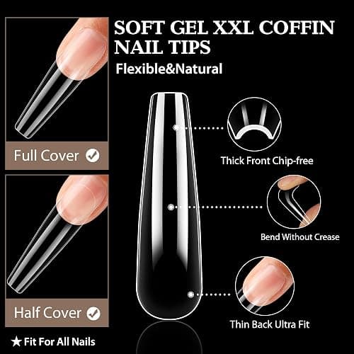 UNA GELLA XXL Coffin Nails Tips Full Cover 216pcs Extra Long Coffin Nail Tips No C Curve Clear Coffin Ballerina Nail Tips False Fake Acrylic Nails for Nail Extensions DIY Art Salon thumbnail 3