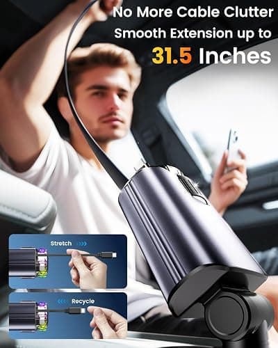 Retractable Car Charger with Air Freshener Diffuser & Star Lights,Multi Port Cigarette Lighter Adapter for iPhone Car Phone Charger USB-C/Type-C Fast Charging with 2 Retractable Cable,Car aromatherapy thumbnail 3