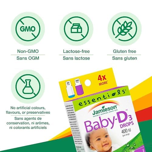 Jamieson Baby Vitamin D3 Drops 400 IU, Supports Baby's Development, Immune Health, Healthy Bones and Teeth. Pure and Premium Formula, Non-GMO, Gluten-Free, Lactose-Free, No Artificial Colours, Flavours or Preservatives, 360 Drops thumbnail 4