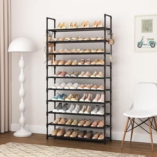 VTRIN 10 Tier Shoe Rack Tall Large Capacity 50 Pair Wide Shoe Organizer with Two Hooks Sturdy Metal Shoe Shelf for Entryway, Closet, Bedroom thumbnail 7