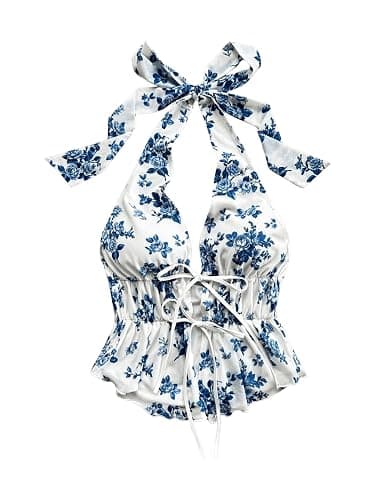 BEAUDRM Women's Boho Floral Print Halter Top Y2k Sleeveless Backless Bow Knot Ruffle Tank Tops Blue Small - Image 1