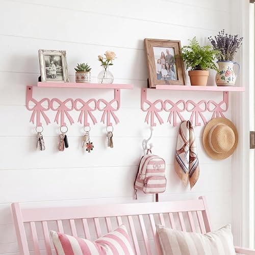 ElaraBerry 2 Pcs Pink Bow Coffee Mug Rack Pink Coffee Bar Accessories Wall Mounted with 4 Hooks 16.8in x 4.8in Shelf Metal Hooks Kawaii Coquette Preppy Style Decor Kitchen Bar thumbnail 5