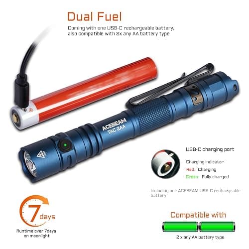 ACEBEAM TAC 2AA EDC Tactical Dual Modes Flashlight Rechargeable, 1400 High Lumens Flashlight, Dual Switch Pocket LED Flashlight, Super Bright Small Flash Light for Emergency, Camping, Home(SFT-25R HI) thumbnail 5