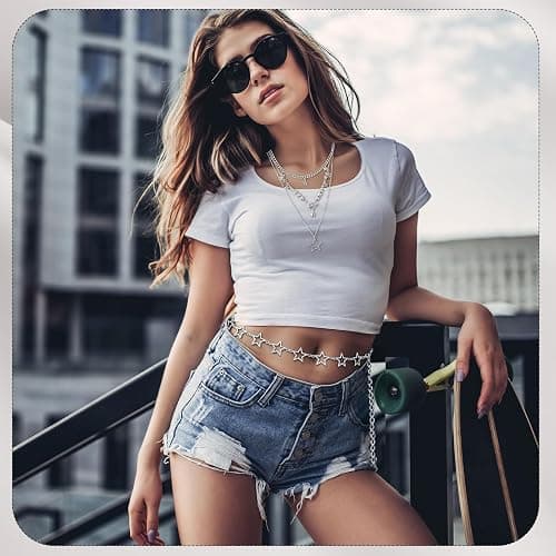 scenicamp Y2K Leg Warmers Emo Accessories Star Arm Warmer Necklace Belt | len()） Star Arm Warmers, Layered Necklaces, Chain Belt, for Rave Outfits, Carnival Cosplay, and Daily Wear thumbnail 5