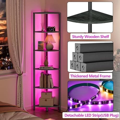 Furnulem 6 Tier Corner Shelf with LED Light, 67.5” Tall Standing Shelf Organizer, Black Narrow Bookshelf with Storage Rack for Wall Corner, Living Room, Bedroom, Metal Frame, Wood Display Shelf thumbnail 6