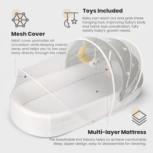 BNAKKON Travel Bassinet Portable Baby Bassinet, Baby Lounger for Newborn, Infant and Toddler, Suitable for Indoor & Outdoor Carrying, Mini Cribs Co Sleeper for Baby in Bed, Foldable Washable, Grey thumbnail 5