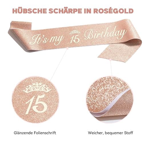 15 Geburtstag Mädchen Deko, 15. Geburtstagskrone und Schärpe, Happy Birthday Tortendeko und Kerzen, Roségold Folienballon 15, Geburtstagsgeschenk für 15 Jahre Mädchen Party Deko Supplies thumbnail 4