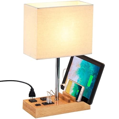 Dreamholder Desk Lamp with 3 USB Charging Ports, Table Lamp with 2AC Outlets and 3 Phone Stands, Nightstand Bedside Lamp with Natural Wooden Base and Cream Linen Shade - Image 1