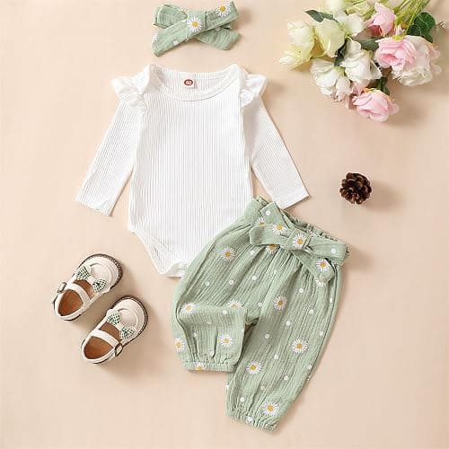 Kaipiclos Newborn Infant Girl Clothes Rib Knit Romper Daisy Print Pants Headband Baby Clothes for Girls 0 3 6 12 18 24 Months thumbnail 2