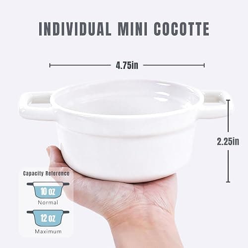 Lareina Mini Cocotte 12oz Ceramic Casserole Dish Set with Lid, White | Small casserole ramekins with handles, oven, microwave & dishwasher safe. Perfect for baking, serving, and individual meals. thumbnail 3