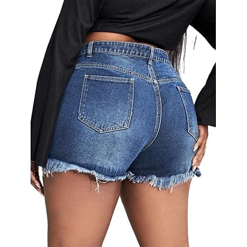 MapleHub Plus Size Denim Shorts Women High Waisted Ripped Folded Hem Jean Shorts thumbnail 2