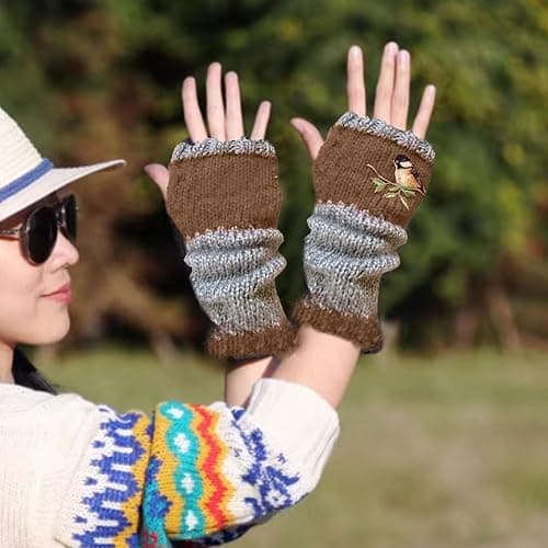 FOOMER Warm Patchwork Embroidered Fingerless Gloves with Vintage Knitted Design and Bird Embroidery thumbnail 3