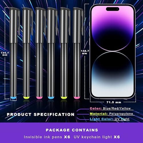 Daemson Invisible Ink Pen, Spy Pen with 6 PCS Mini UV LED Keychain Flashlight, Disappearing Ink Magic Pens with Black Light Markers for Secret Notes, Fit for Christmas Halloween Holiday Gifts (6 PCS) thumbnail 2