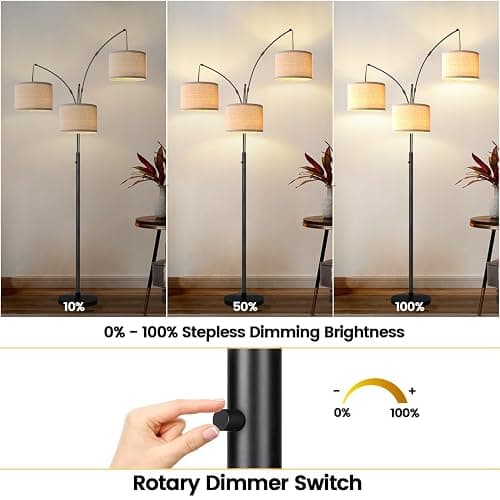 Dimmable Floor Lamp - 3 Lights Arc Floor Lamps for Living Room, 1000LM Modern Tall Standing Lamp With Beige Shades & Heavy Base, Mid Century Tree Floor Lamp for Bedroom Office, 3 LED Bulbs Included thumbnail 3