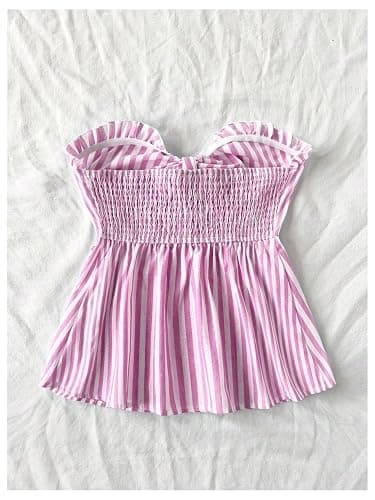 MakeMeChic Women's Striped Bandeau Shirt Bow Knot Frill Trim Ruffle Hem Shirred Summer Y2k Tube Top thumbnail 2