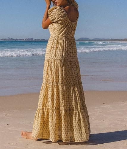 Woman Floral Puff Sleeve Maxi Dress Square Neck Ruffle Flowy Long Dresses Bohemian Tiered Summer Sundress thumbnail 4