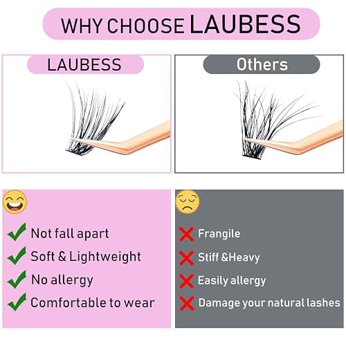 LAUBESS Long Individual D Curl Cluster Lashes Extensions Mixed Tray, DIY Eyelash Faux Mink, Choose Sold by LAUBESS Lashes, Black, 0.07, 0.10 (40D-0.07D-9-16MM), 240Pcs thumbnail 2