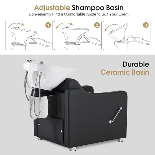 BarberPub Backwash Shampoo Station Chair, Adjustable Porcelain Ceramic Hair Wash Bowl with Chair, Shampoo Station for Barber Shop, Spa Beauty Salon Equipment 9364 (Black) thumbnail 4