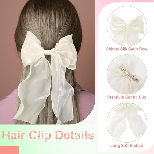 STSTR 2Pcs Large Hair Bow Clips, Blue White Silk Yarn Ribbon Bow Hair Barrette for Women, Elegant Long Tail Bowknot French Hairstyles Accessories for Wedding, Parties, Festivals thumbnail 4