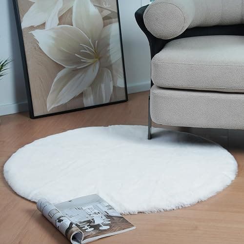Latepis White Fur Round Rug 3ft Non-Slip Washable Circle Rug Fluffy Faux Rabbit Fur Rug for Photoshoot Plush Shag Rug Furry Carpet for Living Room Bedroom Kids Room Area Rug thumbnail 2