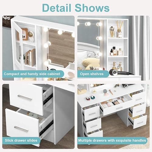 Makeup Vanity with Lights and Mirror, Large Vanity Desk with Drawers Makeup Table with Lighted Mirror, 3 Lighting Colors, Modern Vanity Dressing Table for Bedroom (Sliver Handle -K3U44) thumbnail 5