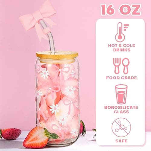 Skylety Set of 2 Coquette Bow Glass Cup 16oz Pink Glass Cup with Lids and Straws Reusable Pink Bow Silicone Straw Toppers Lids Protectors 2 Brush for Drinking Coffee Tea Cocktail(Bow) thumbnail 4