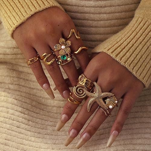 UYY Chunky Gold Rings for Women Non Tarnish, Baroque Pearl Flower Tiger's Eye Stone Rings Adjustable Stacking Statement Rings Set Fashion Jewelry Gifts thumbnail 3