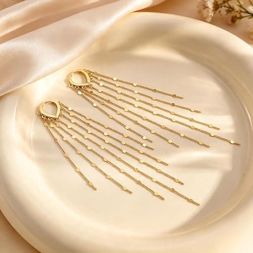 Gold Dangle Earrings for Women 14K Plated Long Tassel Earring | Gold Chain Dangling Earrings Trendy Drop Prom Earring Lightweight Statement Earrings Party Jewelry thumbnail 4