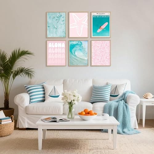 Coastal Wall Art Beach Canvas Poster Summer Surf Wall Decor Pink and Bule Pictures Preppy Aesthetic Prints Ocean Granddaughter Artwork Surfboard Starfish Painting for Girls Bedroom 8x10 Inch Unframed thumbnail 3