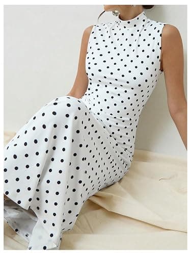 Milumia Women's Polka Dots Maxi Tank Dress Vintage Mock Neck Sleeveless Elegant Long Dresses thumbnail 5