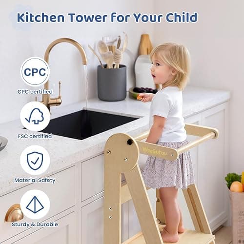 WeeGuruu Foldable Toddler Standing Tower, Height Adjustable Kitchen Tower with Safety Rails and Anti-Slip Device, Wooden Kids Kitchen Stool Helper for Ages 18 Months to 6 Years - Natural thumbnail 8