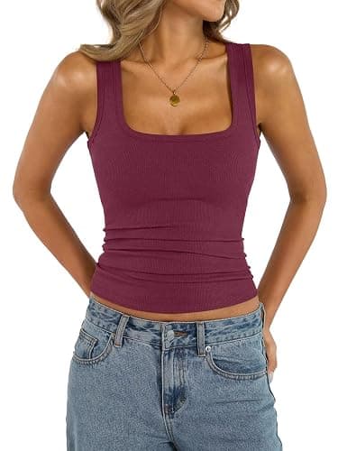 EasyGala Womens Cotton Square Neck Ribbed Tank Tops Fitted Thin Shoulder Strap Sleeveless Basic Summer Cami Clothes 2025 thumbnail 3