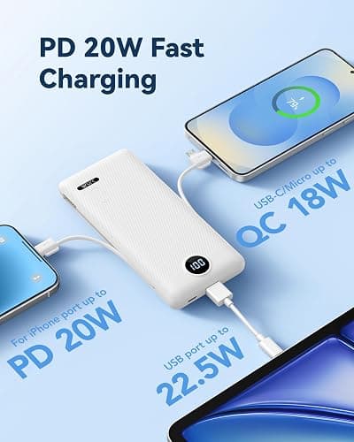 VRURC 10000mAh Portable Phone Charger, Built-in AC Plug & Cables, White | 22.5W fast charging, LED display, built-in Micro/USB-C/Phone cables, airline approved travel accessory,8 oz thumbnail 4