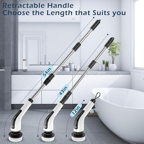 Electric Spin Scrubber, Power Shower Cleaning Brush with Long Handle | Cordless Cleaning Scrubber, 7 Replaceable Brush Heads, 90Mins Work Time, 3 Adjustable Size, 2 Speeds for Bathroom Cleaner thumbnail 2