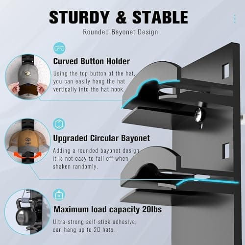 Hat Organizer for Baseball Caps 2Pack, Hat Rack for Wall with Strong Adhesive Hold up to 20 Hats, Hat Hanger Holder Display for Door Closet, Cap Organizer Storage Multilayer Two Mounting Option(Black) thumbnail 4