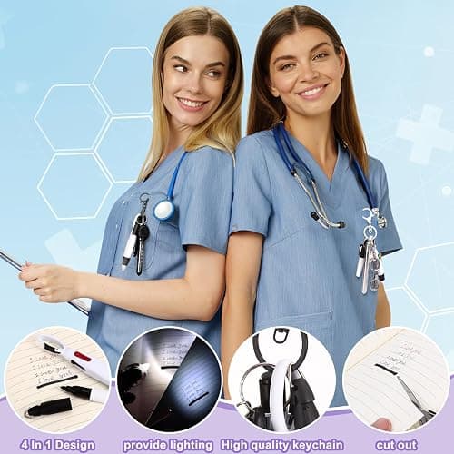 12 pcs Nurse Pen Set Two Colors Black Silver Include Permanent Marker Pen Pen Lights for Nurses Retractable Ballpoint Pen Nursing Keychain Clip Foldable Scissors LED Flashlight Keychain for Nurses thumbnail 7