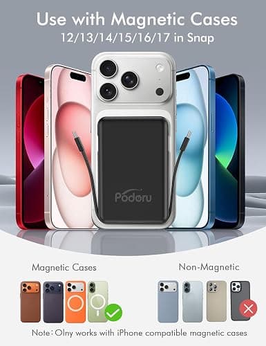 podoru for Magsafe Battery Pack, 10000mAh Magnetic Power Bank Built-in Double USB C Cables 20W PD Fast Charging LED Display Wireless Portable Charger for iPhone 17/16/15/14/13/12 Series-Black thumbnail 6