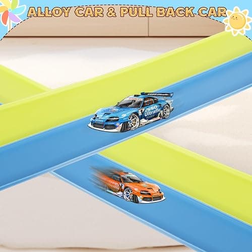 Flex Tracks 15 Ft for Kids Starter Set, Flexible Race Car Ramp Track with Suction Cups Compatible with Diecast 1/64th Cars for Ages 3 & Up (Green & Blue) thumbnail 8