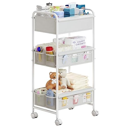 3-Tier Baby Diaper Caddy Cart Organizer,Mobile Nursery Organization with Wheels,with 2 Dividers & 14 Mesh Pockets Durable Metal Utility Cart for Nursery, Bedroom, Bathroom Essentials Organization - 17"Wx11"Dx32.45"H - White