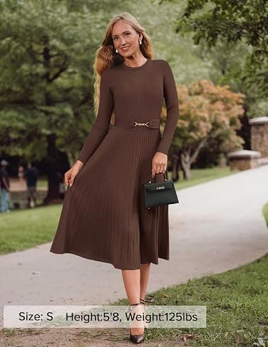 ZESICA Women's Long Sleeve Midi Sweater Dress 2025 Fall Crewneck Knit A Line Pleated Flowy Long Dresses with Belt thumbnail 6